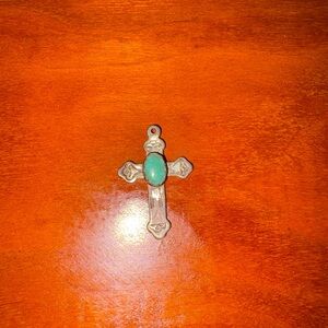 Silver Tone Cross Pendant w Turquoise Stone Southwestern Style